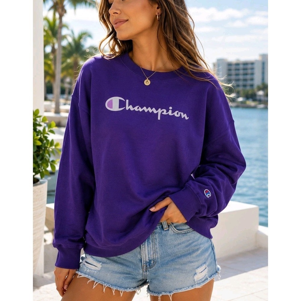 Champion Purple Logo Crewneck Sweatshirt Fleece Loose Fit Women's Large NWT
